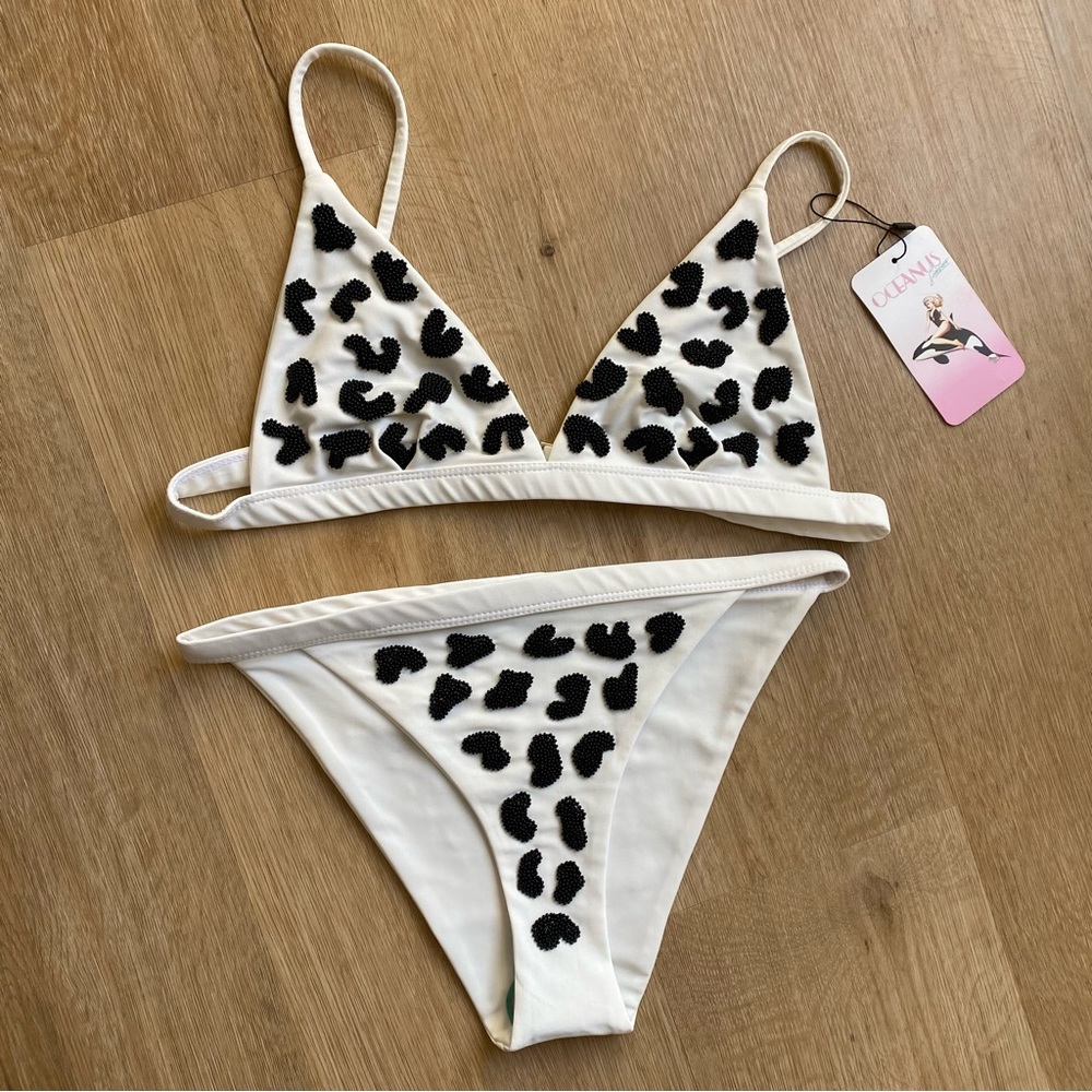 New Oceanus 2pc Bikini Swimsuit White Black Hand Beaded Animal Print Sz M